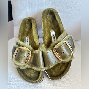 Birkenstock Olive Fur-Lined Slides with Gold Accents